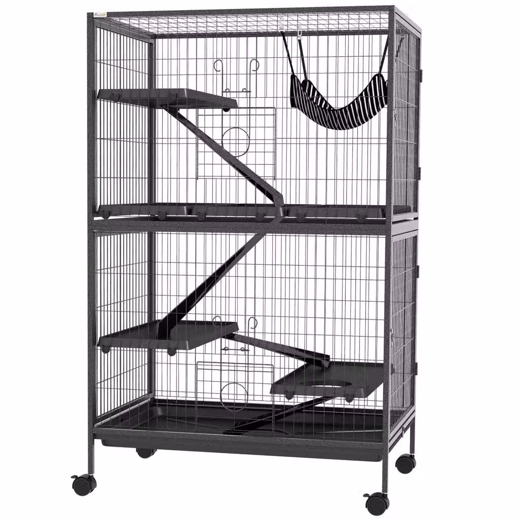 Gabbia per piccoli animali XYLO grigia con ruote, rampa, amaca e vassoio estraibile, H 128 x L 80 x P 52 cm – 2