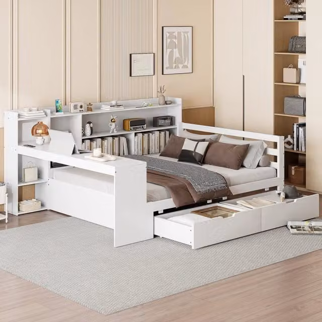 Divano Letto Multifunzionale REDOM in Legno Bianco con Scrivania, Ripiani e Porta USB, L/P/H: 245.5 x 165.0 x 100.0 cm