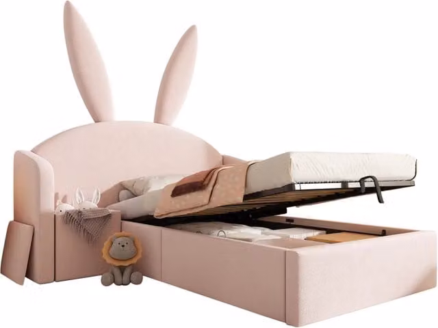 Letto per bambini 90x190 cm con contenitore idraulico e comodino in velluto rosa