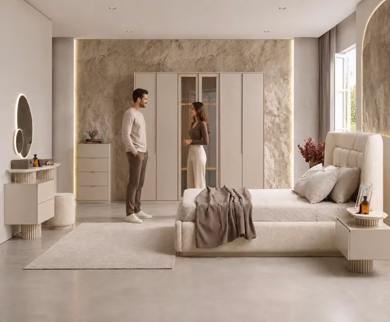Letto matrimoniale, comodino, armadio, toeletta, cassettiera, beige, nuovo