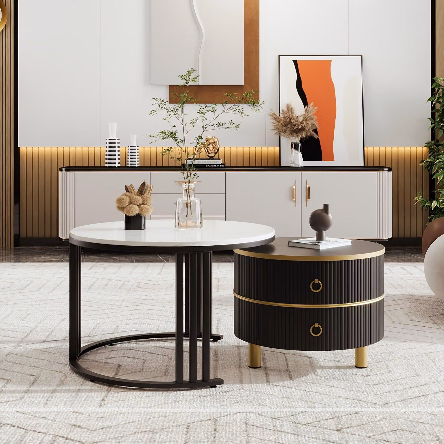 Set di tavolini da salotto moderni, con piano lucido e ripiano contenitore, ideali per il soggiorno