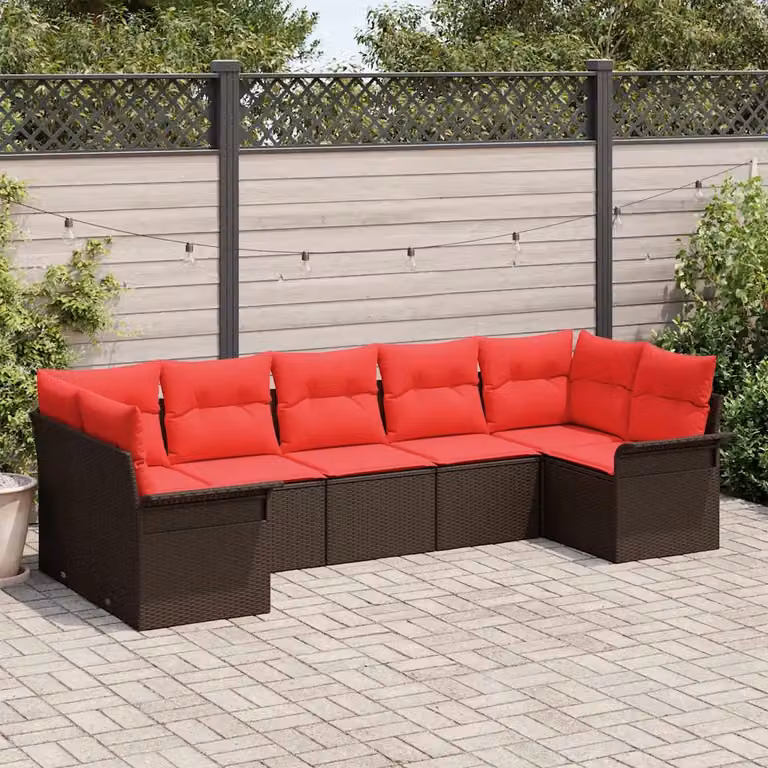 Set Divano da Giardino L-Shape vidaXL 7 Pezzi in Polyrattan Marrone con Cuscini e Struttura in Acciaio Verniciato a Polvere