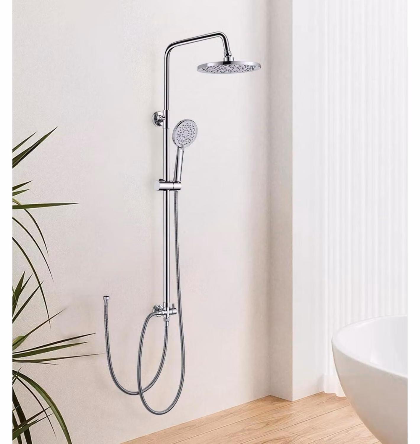 Sistema doccia a pioggia, senza miscelatore, in acciaio inossidabile, con altezza regolabile da 80 a 117 cm, e deviatore in ottone