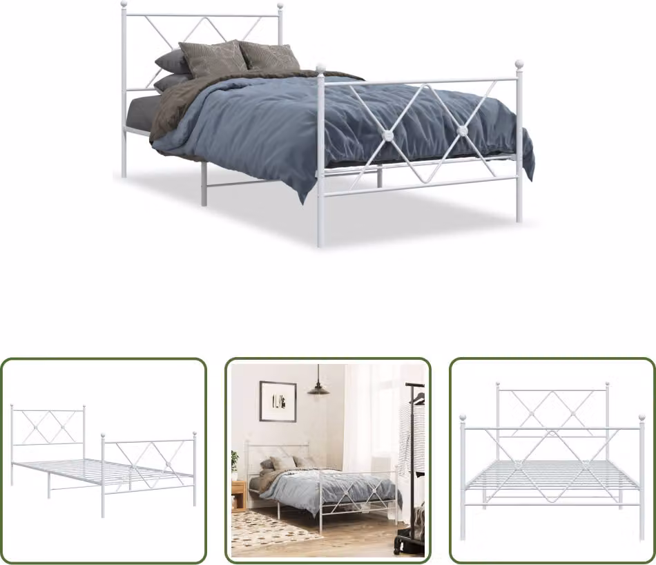 The Living Store Struttura letto con testiera e pediera in metallo bianco 90x190 cm