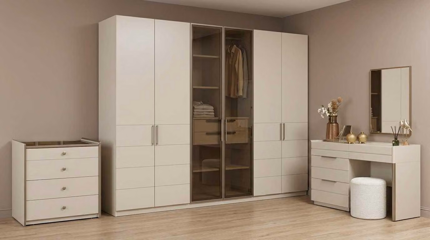 Set per camera da letto beige, moderno, composto da armadio, comò da trucco e mobile contenitore