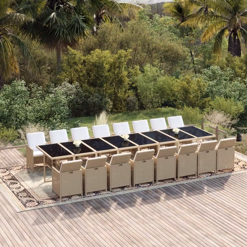 The Living Store Set da pranzo da giardino da 17 pezzi con cuscini Poli rattan beige
