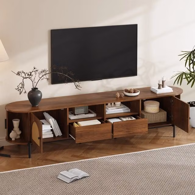 Mobile TV ovale con 2 ante scorrevoli e 2 ante in rattan, 2 cassetti e vani aperti, in MDF noce, 200 × 40 × 49,5 cm