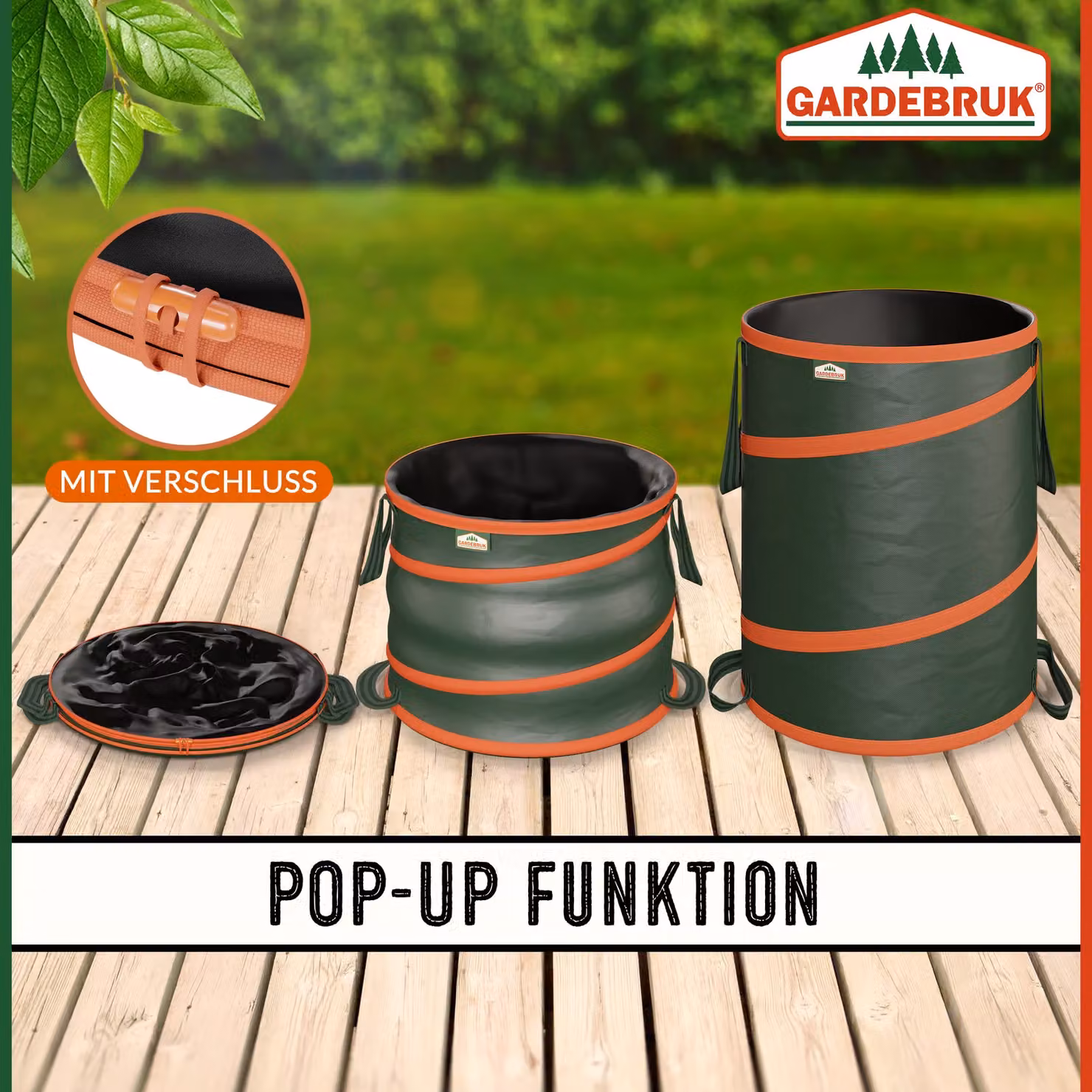 Set di 3 sacchi da giardino pieghevoli Gardebruk con chiusura, verde e arancione, in poliestere, capacità 165 l – 3