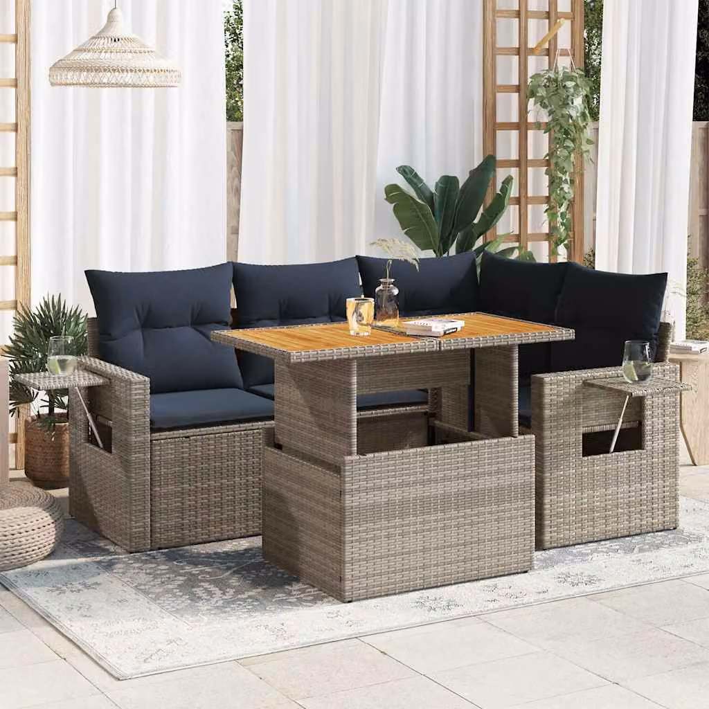 Set Divano da Giardino vidaXL 5 pz in Polyrattan e Legno di Acacia Oliato con Cuscini Grigio e Blu