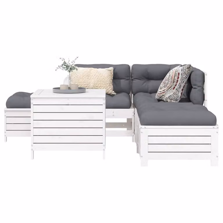 Set di divani da giardino vidaXL in legno di pino bianco con cuscini, composizione a L con tavolo e pouf, 6 pezzi