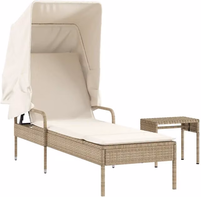 Lettino prendisole da giardino in polyrattan beige con baldacchino e tavolino laterale
