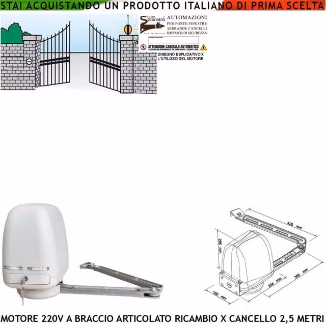 Motore a Braccio Articolato 220 V per Cancello Elettrico 1 Anta da da 0,5 a 2,5 Metro Ricambio Universale Spinta 250 NM Cartello Monitore