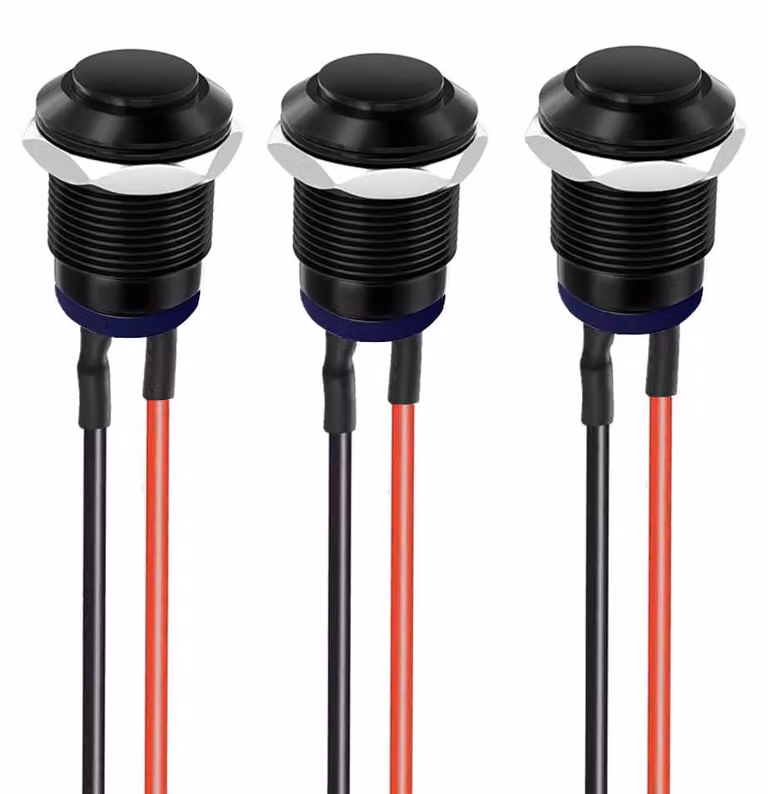 3 pulsanti a pressione IP65 impermeabili, pre-cablati, in lega di alluminio, autorigeneranti, con diametro di 12 mm, capacità di 2A, tensione: 12V/24V/125V/250V AC