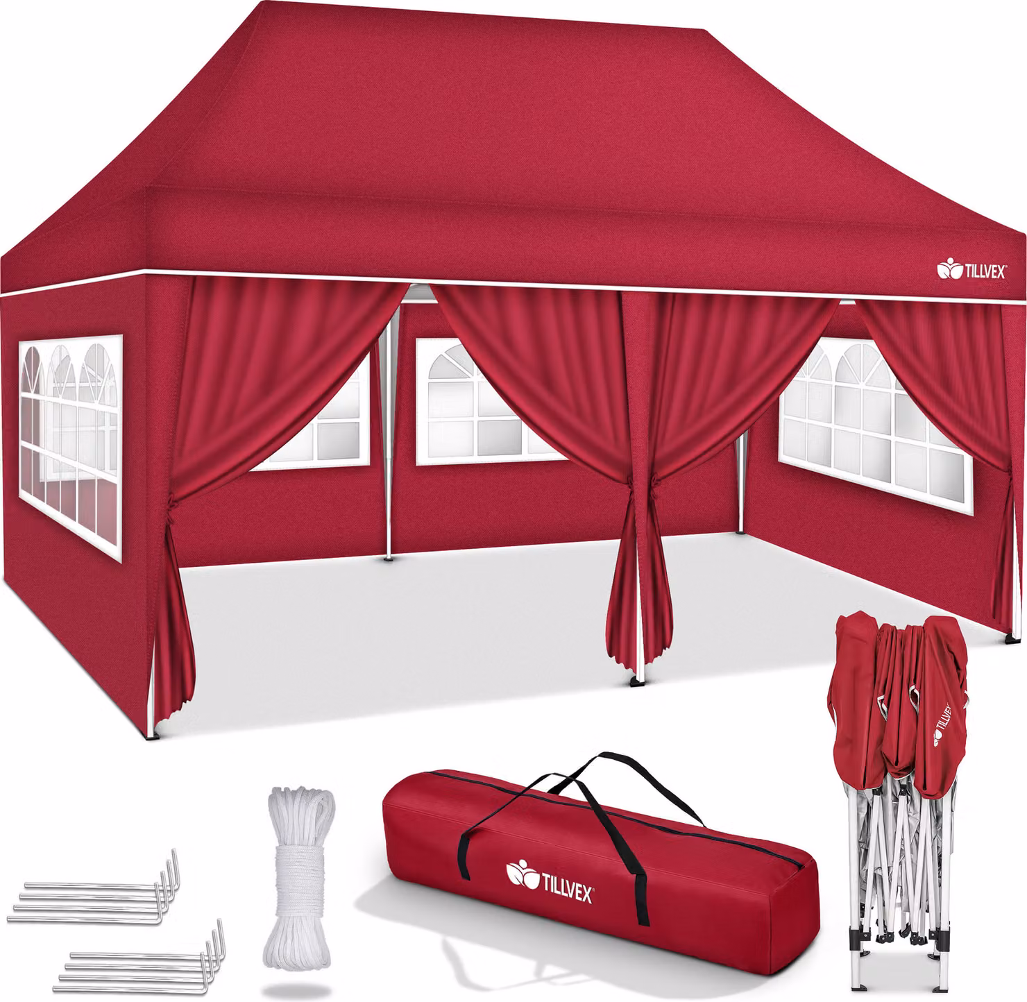 tillvex gazebo 3x6m - con 6 pareti laterali rosso impermeabile | gazebo pop-up pieghevole regolabile in altezza | tenda da giardino protezione UV 50+ | tenda da festa con borsa per giardino