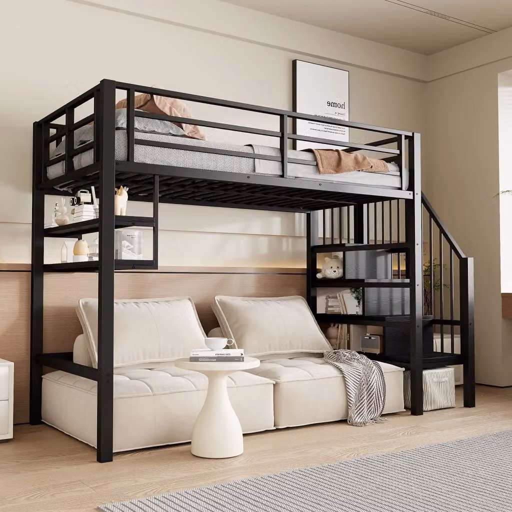 Letto a soppalco singolo OKWISH in metallo nero con ripiani, scala contenitore e barriera, L/P/H: 200 x 90 x 160 cm – 2