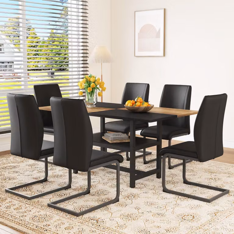 STILVORA Tavolo da pranzo rettangolare con set da tavolo dotato di ripiano multifunzionale e 6 poltrone nere; tavolo da pranzo in ecopelle di alta qualità, per soggiorno, sala da pranzo e cucina, nero