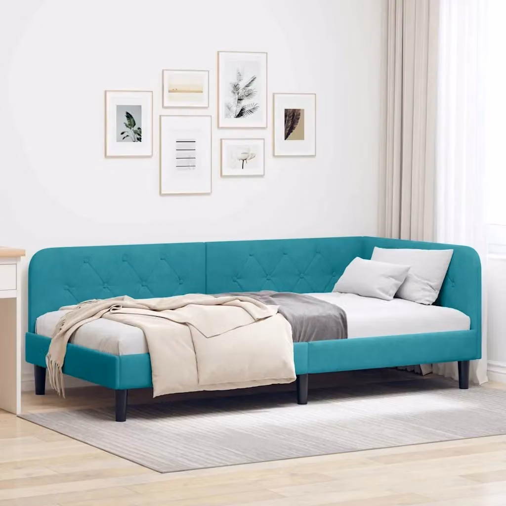 Letto singolo moderno in velluto turchese con struttura in legno L/P/H: 200 x 100 x 72 cm – 2