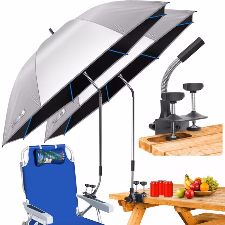 Confezione da 2 ombrelli con morsetto, altezza 124 cm, regolabili a 360°, protezione UV UPF 50+, colore argento