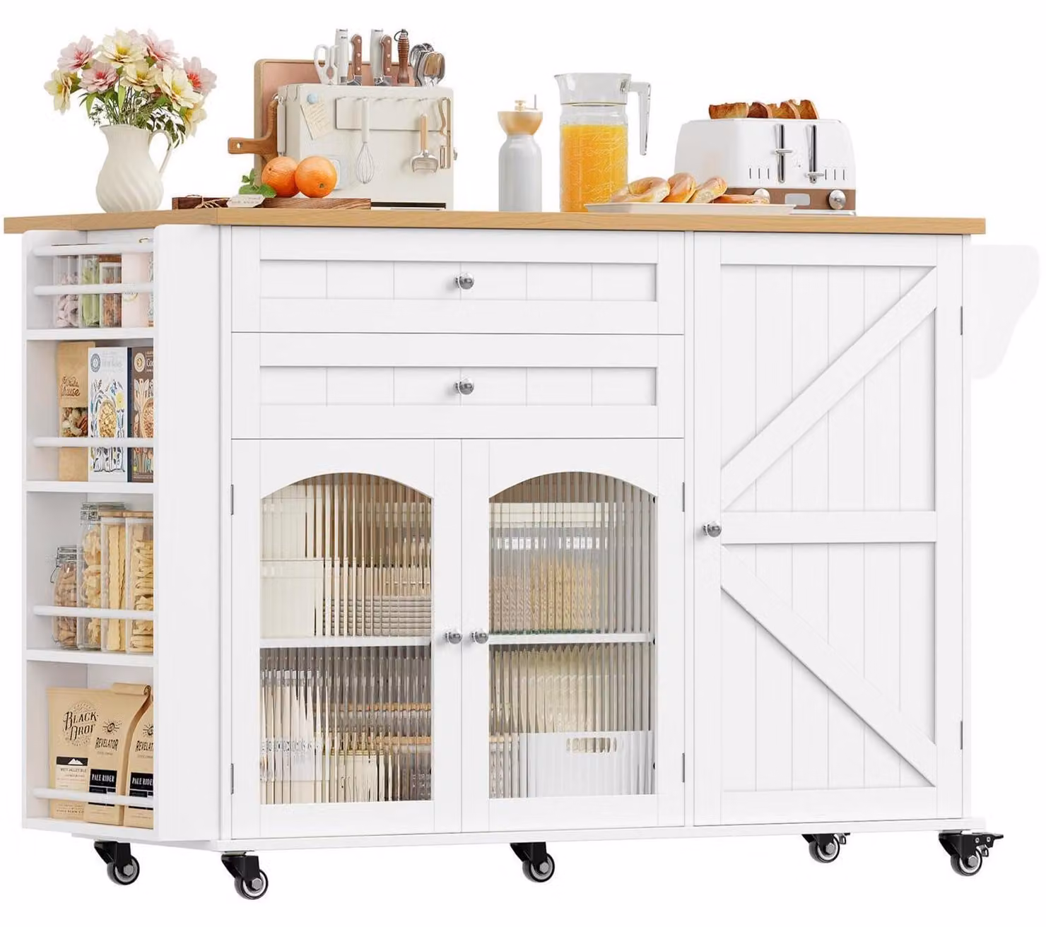 Isola da cucina con piano di lavoro pieghevole, mobiletto da cucina con ruote, 2 cassetti, 3 ante, bianco, 132x97,5x60 cm