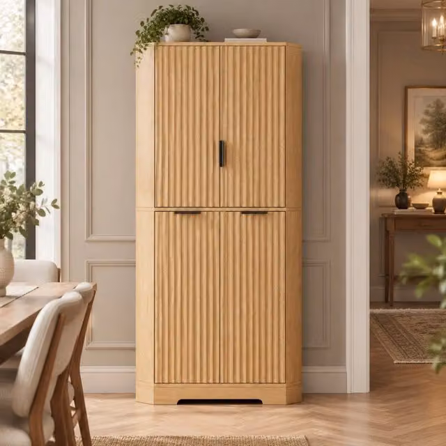 Mobile angolare con 4 ante e ripiani regolabili per cucina soggiorno e sala da pranzo in MDF naturale 60 × 60 × 172 cm