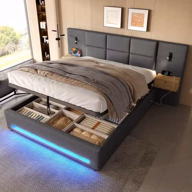 Letto imbottito contenitore con cassetti LED e USB ¨C Minimal ¨C Velluto grigio metallo 160x200cm