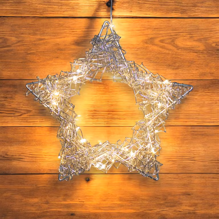 Stella in filo d'argento illuminata da 30 LED - batteria e timer