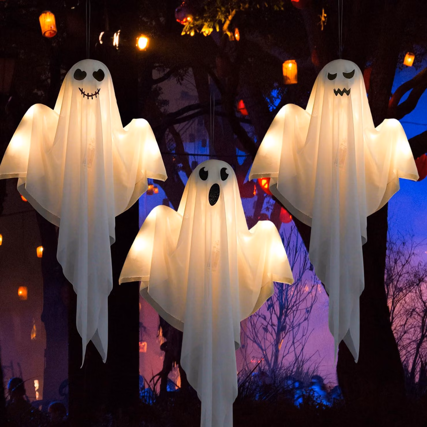 3 decorazioni per esterni a forma di fantasma di Halloween, con luci LED, alte 60 cm, adatte per interni ed esterni