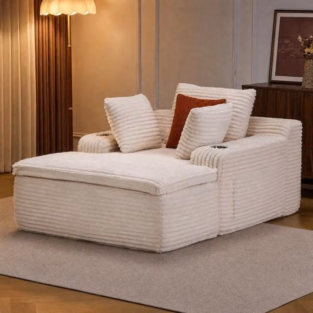 Divano con chaise longue Mivray in velluto a coste beige con funzione letto, cuscini inclusi e portabicchieri sui braccioli
