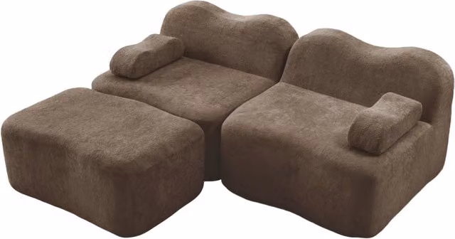 Divano modulare angolare 2 posti con pouf, rivestimento in velluto marrone, senza struttura rigida