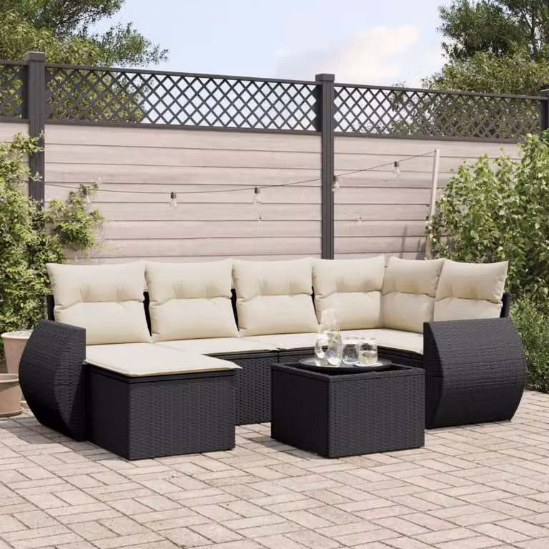 Set Divani da Giardino vidaXL in Polyrattan Nero con 7 Cuscini e Tavolino da Esterno