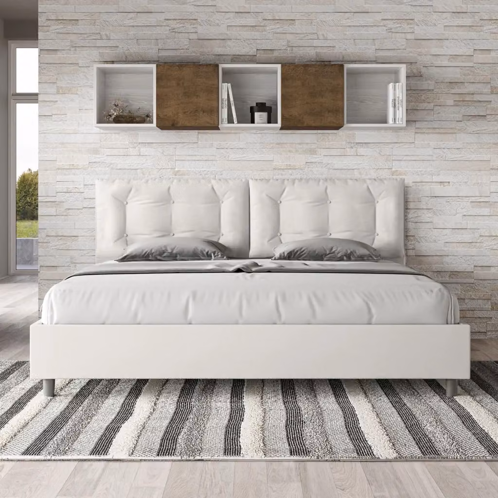 Letto Matrimoniale King Size Annalisa con Contenitore e Testata Imbottita in Similpelle Bianca L/P: 200 x 200 cm – 2