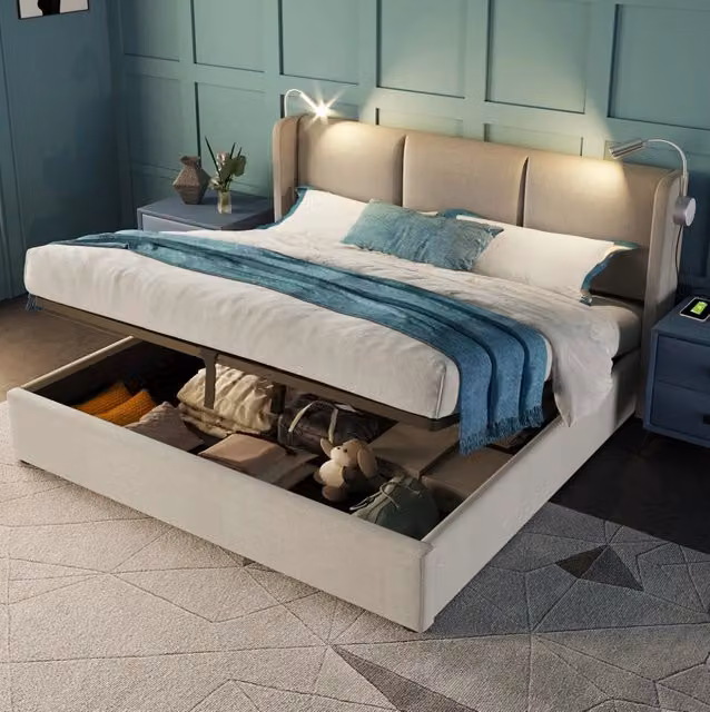 Letto imbottito 140x200 cm beige con contenitore, luce da lettura USB e materasso H3