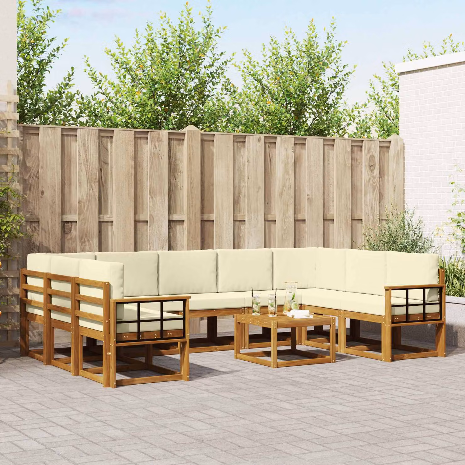 Set di divani da esterno vidaXL in legno di acacia con cuscini, beige e marrone, design moderno a forma di L per giardino e terrazza