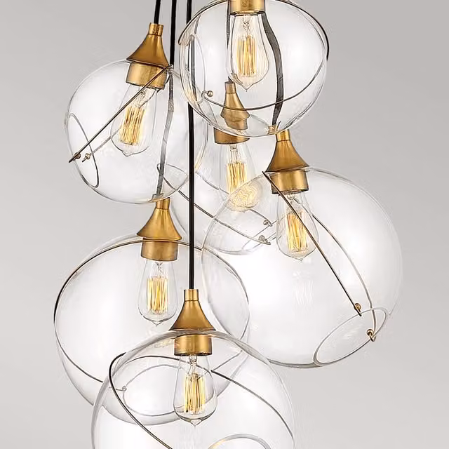 Lampadario a sospensione industriale HINKLEY Skye in acciaio e ottico con 6 luci E27 e vetro trasparente
