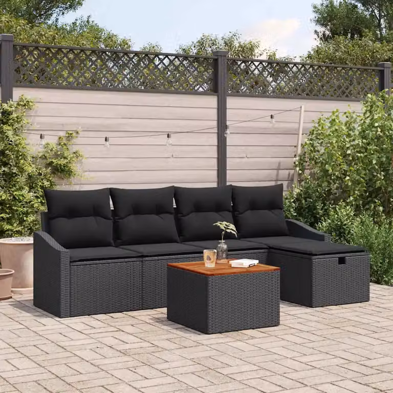 vidaXL Set Divano da Giardino a L in Rattan Nero con 6 Cuscini e Tavolino da Esterno