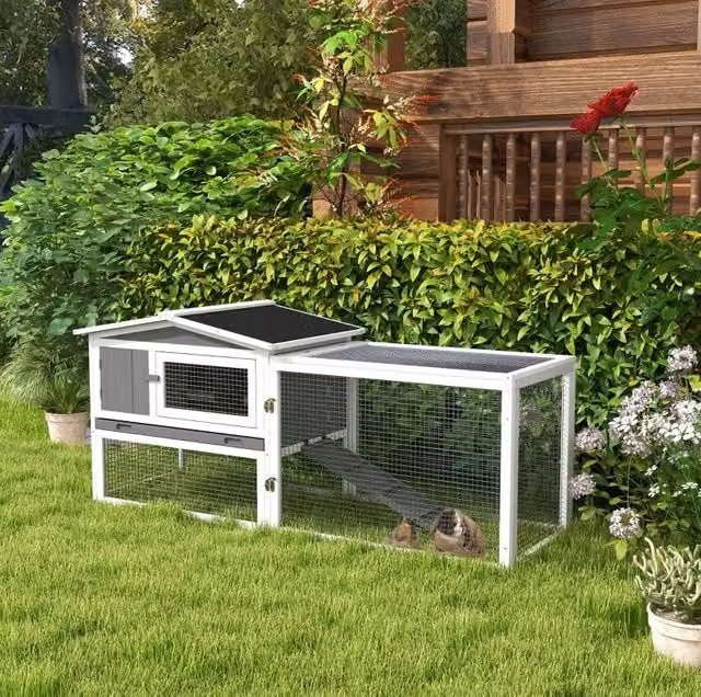 Conigliera ULEVR 156x58x68 cm in legno grigio chiaro con recinto rimovibile, rampa, vassoio estraibile e tetto apribile