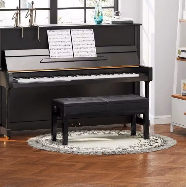 Panca per pianoforte regolabile 105 x 37 x 48-58 cm nera con vano, similpelle e legno
