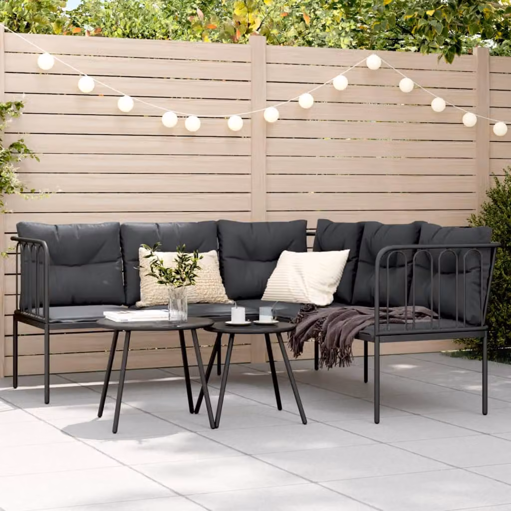 vidaXL Divano da giardino a L con cuscini in schiuma, struttura in acciaio verniciato a polvere e rivestimento in textilene, colore antracite e nero