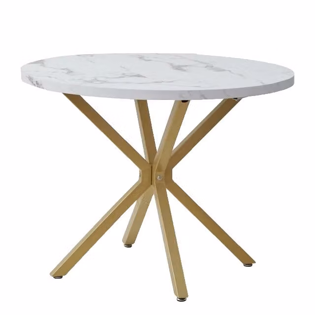 Tavolo da pranzo effetto finto marmo, design rotondo, bianco e oro