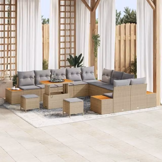 Set Divano da Giardino Moderno vidaXL a Forma a U con Cuscini, Tavolino e Pouf, Colore Grigio e Beige