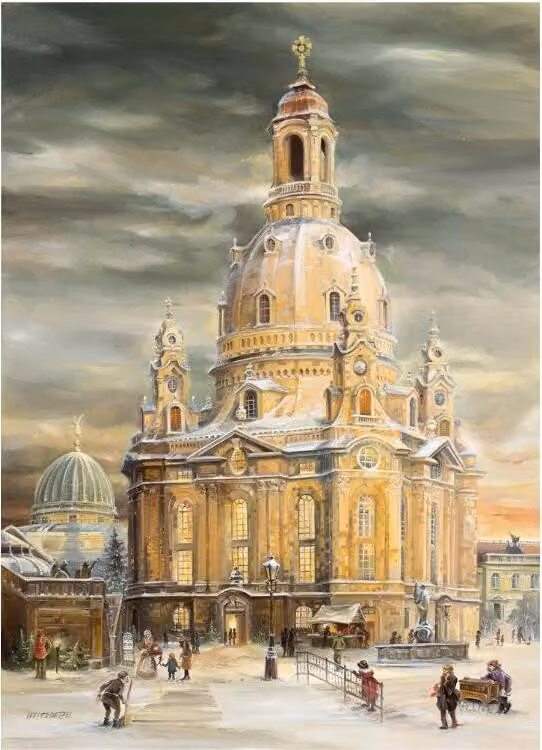 Calendario dell'Avvento della Frauenkirche di Dresda con illustrazione ricca di dettagli