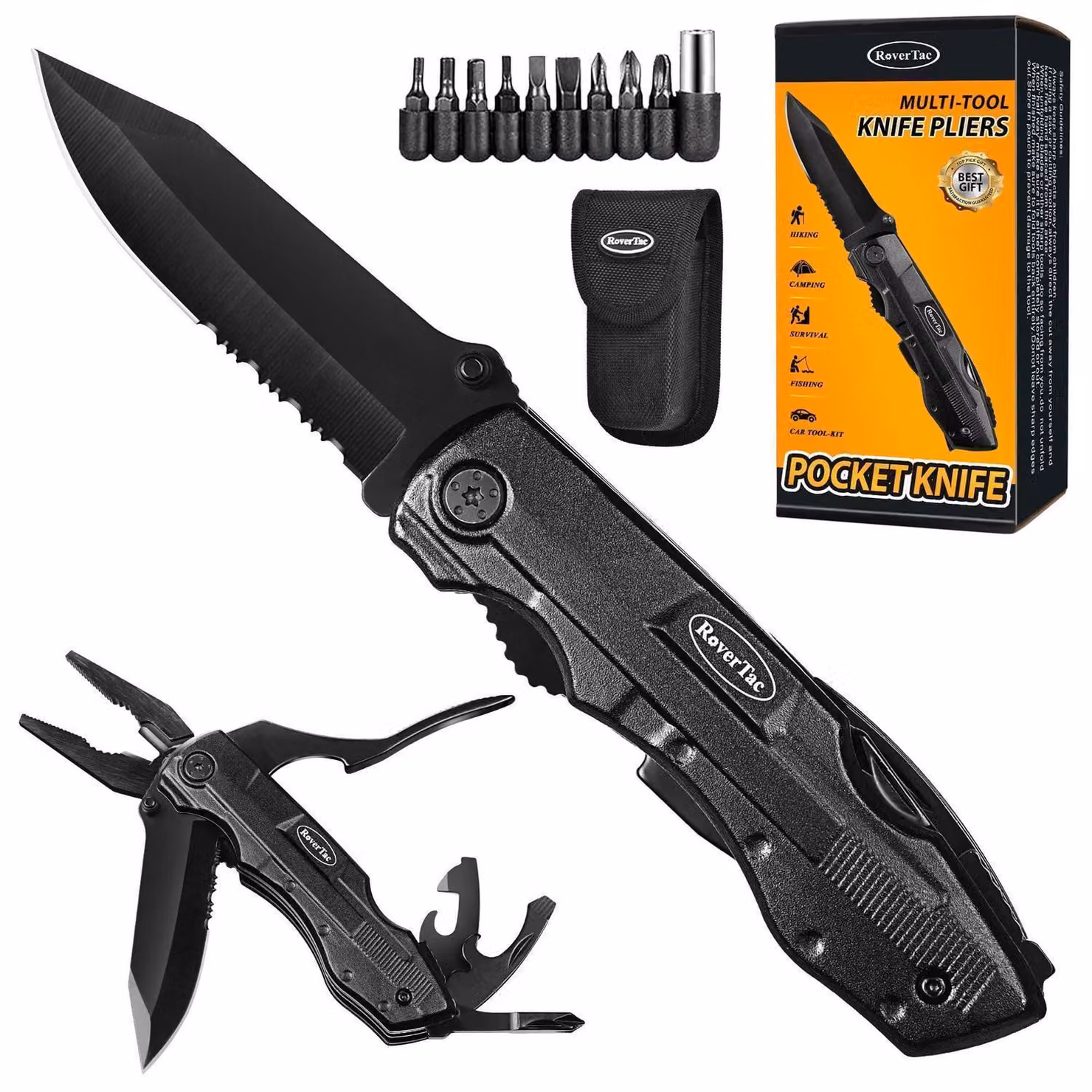 Coltello multiuso con pinze, apriscatole e 9 cacciaviti, con fodero in nylon