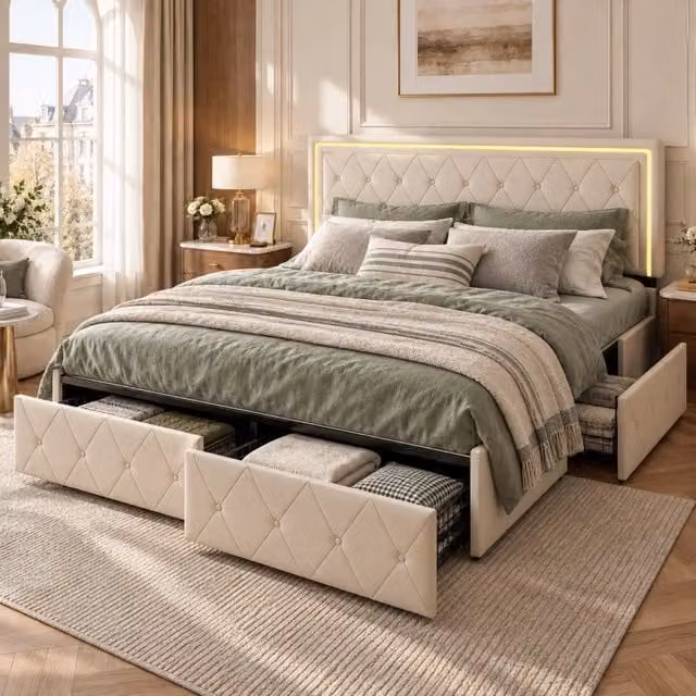 Letto Matrimoniale Contenitore 140X200 cm, Letto Imbottito con 4 Cassetti, Illuminazione a LED, Rete a Doghe, Testiera Imbottita Regolabile, Senza Materasso, Beige