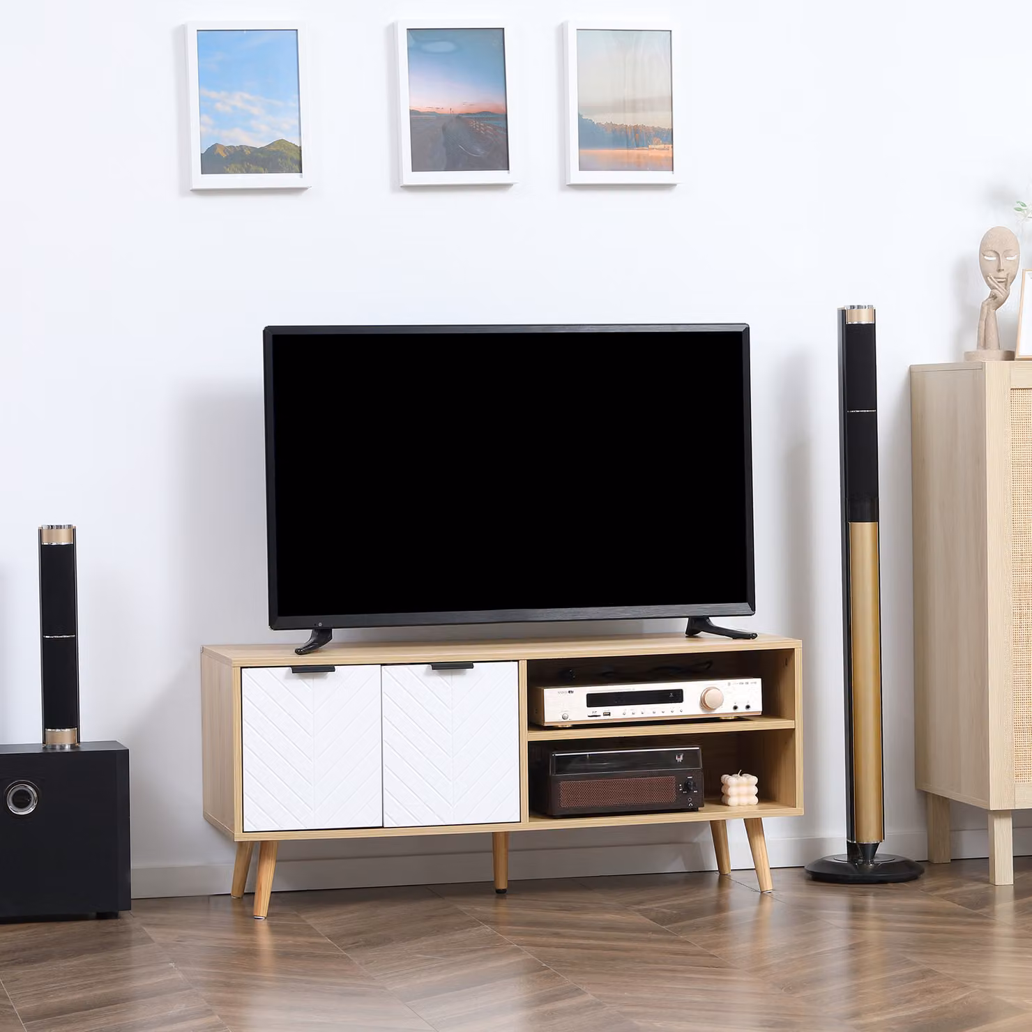 Mobile TV HOMCOM moderno in legno e truciolato bianco con 2 ripiani aperti e armadietto, L 110 cm x P 39 cm x H 48,8 cm – 2