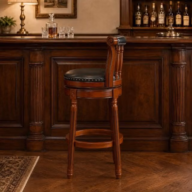 Sgabello da bar 55.0x55.0x34.0 cm girevole 360° con schienale in pelle e legno blu
