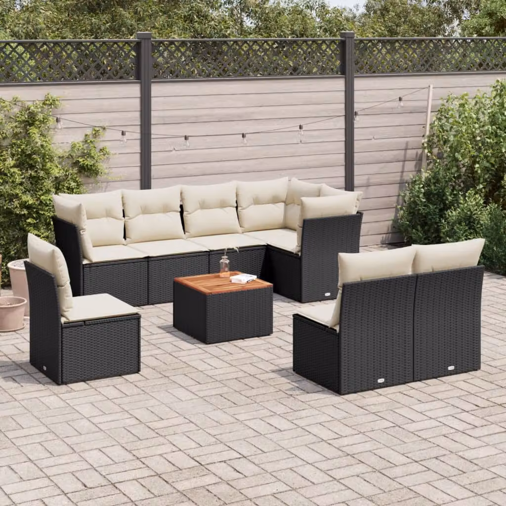 Set di divani da giardino vidaXL 9 pz in polyrattan nero con cuscini e tavolino da esterno a forma di L – 1