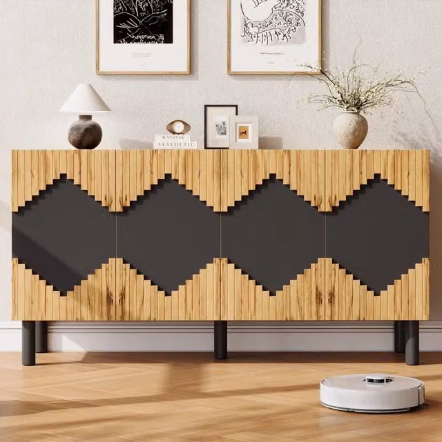 Credenza SINGULARTY moderna con motivo geometrico a rombi, in MDF e legno, con ripiani regolabili, colore nero e marrone naturale