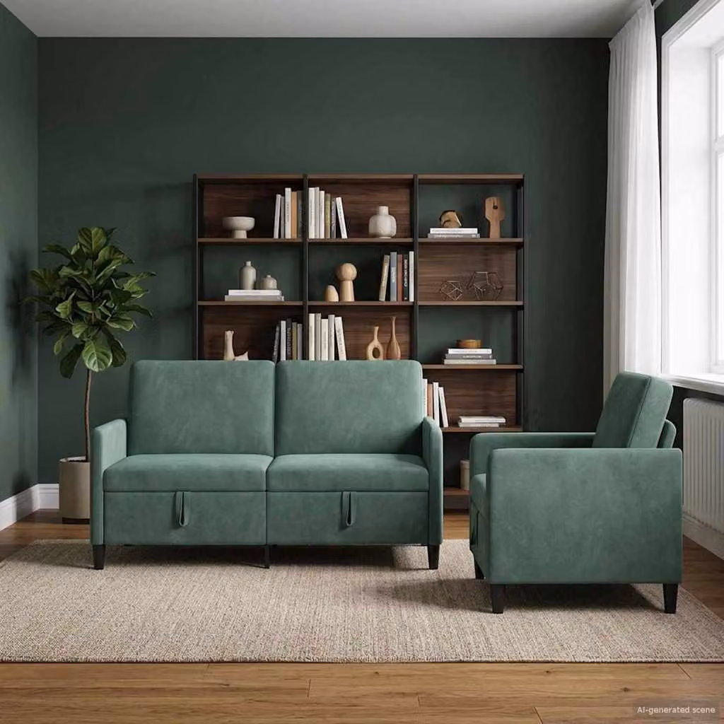 Set di 2 divani moderni vidaXL con contenitore, rivestimento in tessuto verde mare e blu con seduta apribile per il tuo soggiorno