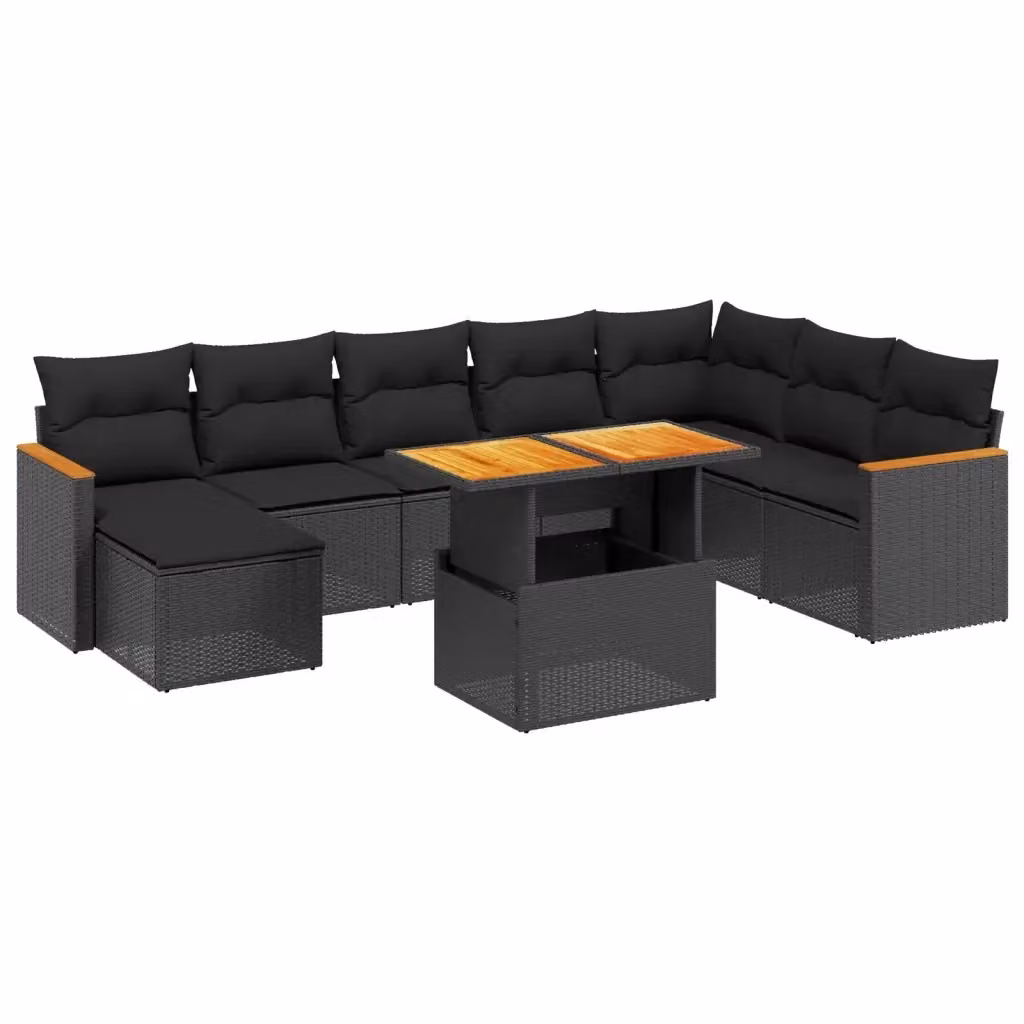 vidaXL Set Divani da Giardino a L in Polyrattan Nero con Cuscini e Tavolino da Esterno – 2