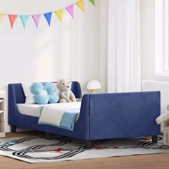 Struttura letto moderno per bambini vidaXL in legno e velluto blu, L/P/H: 190 x 90 x 60 cm – 1